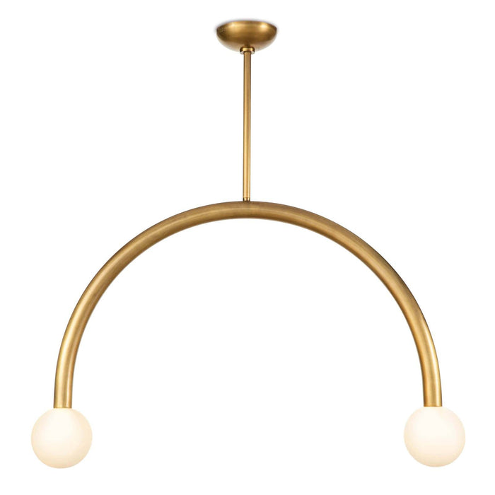 Happy Pendant Large Natural Brass light fixture with an arched metal frame and two matte white glass globes.