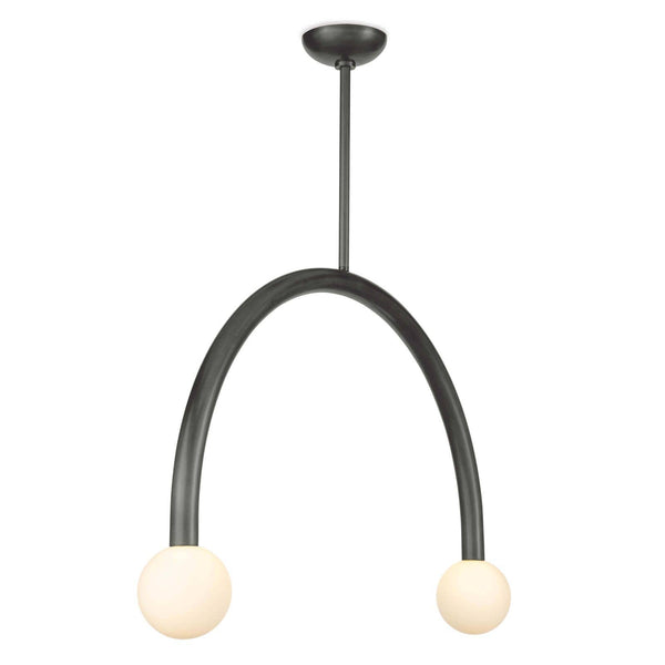 Happy Large Pendant: Oil rubbed bronze metal frame with two matte white glass globes.