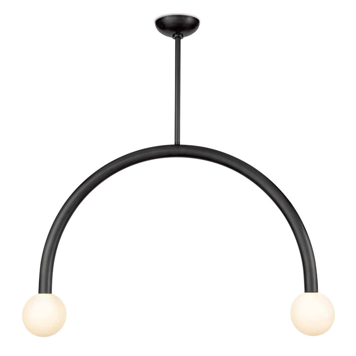 Happy Pendant: Oil rubbed bronze metal frame with two matte white glass globes.