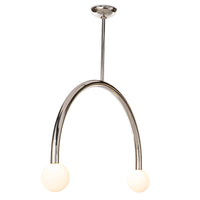 Happy Pendant, large polished nickel with an arched metal frame and two matte white glass globes.