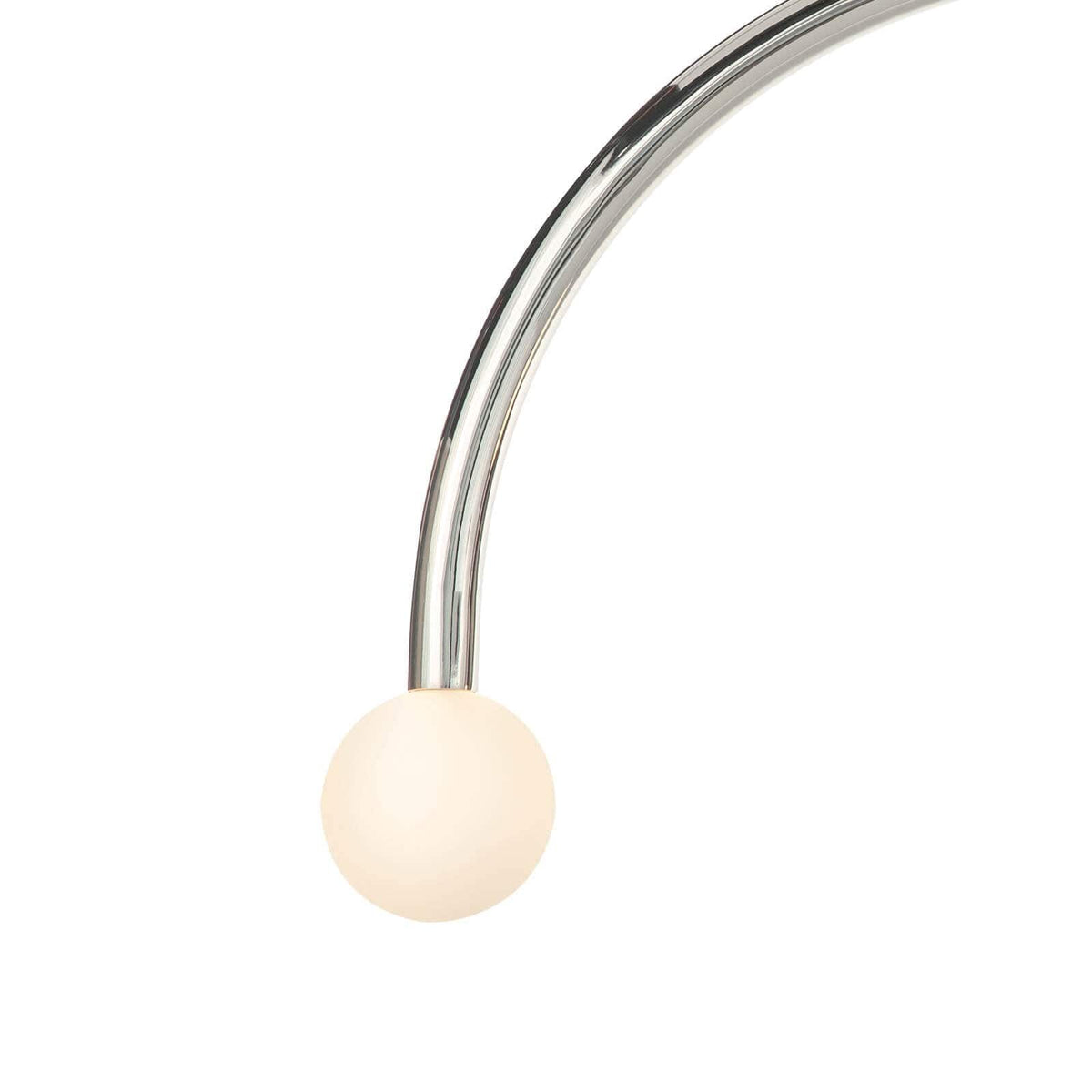 Happy Pendant Large Polished Nickel with a curved metal frame and a matte white glass globe.