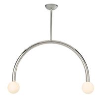 Happy Pendant Large with polished nickel frame and two matte white glass globes.