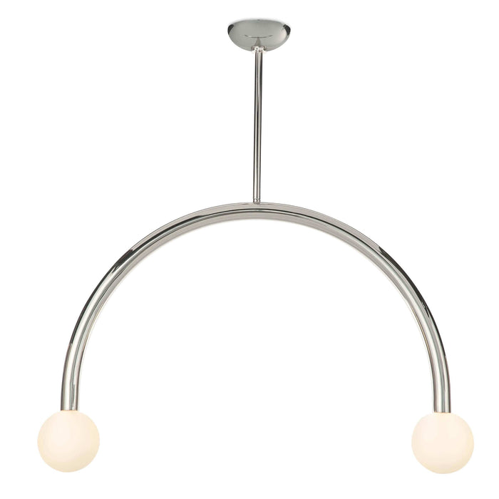 Happy Pendant Large with polished nickel frame and two matte white glass globes.