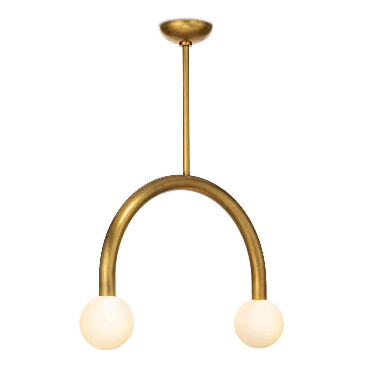 Happy Pendant Small Natural Brass light with an arched metal frame and two matte white glass globes.