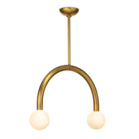 Happy Pendant Small Natural Brass light with an arched metal frame and two matte white glass globes.