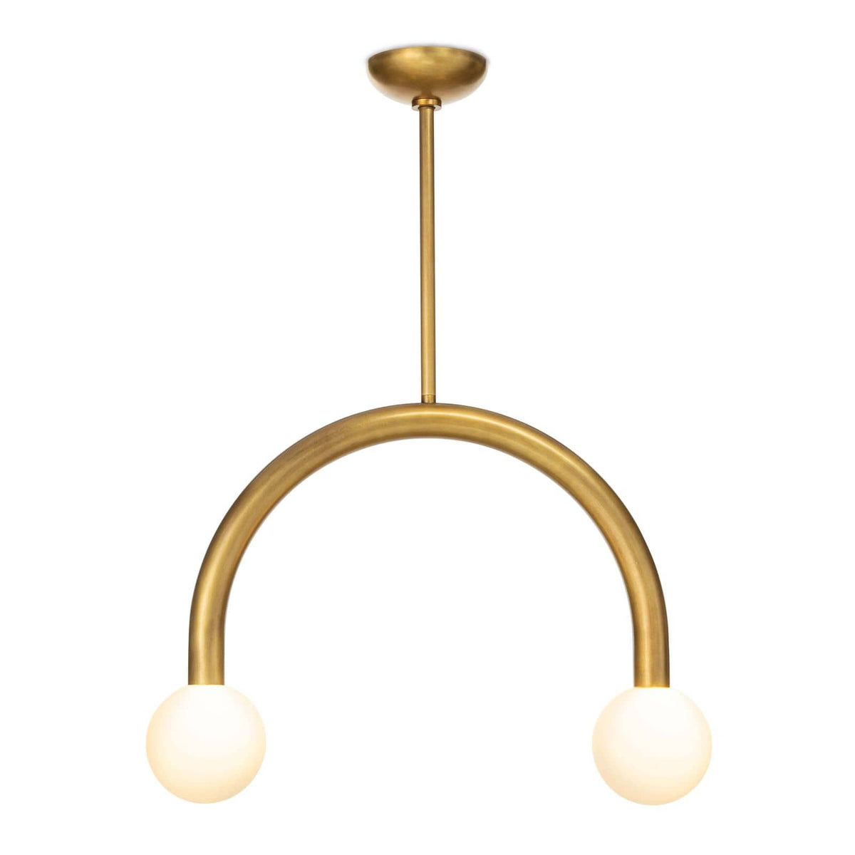 Happy Pendant Small Natural Brass light fixture with a curved metal frame and two matte white glass globes.