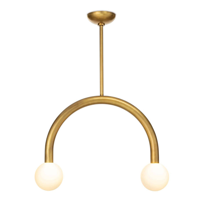 Happy Pendant Small Natural Brass light fixture with a curved metal frame and two matte white glass globes.