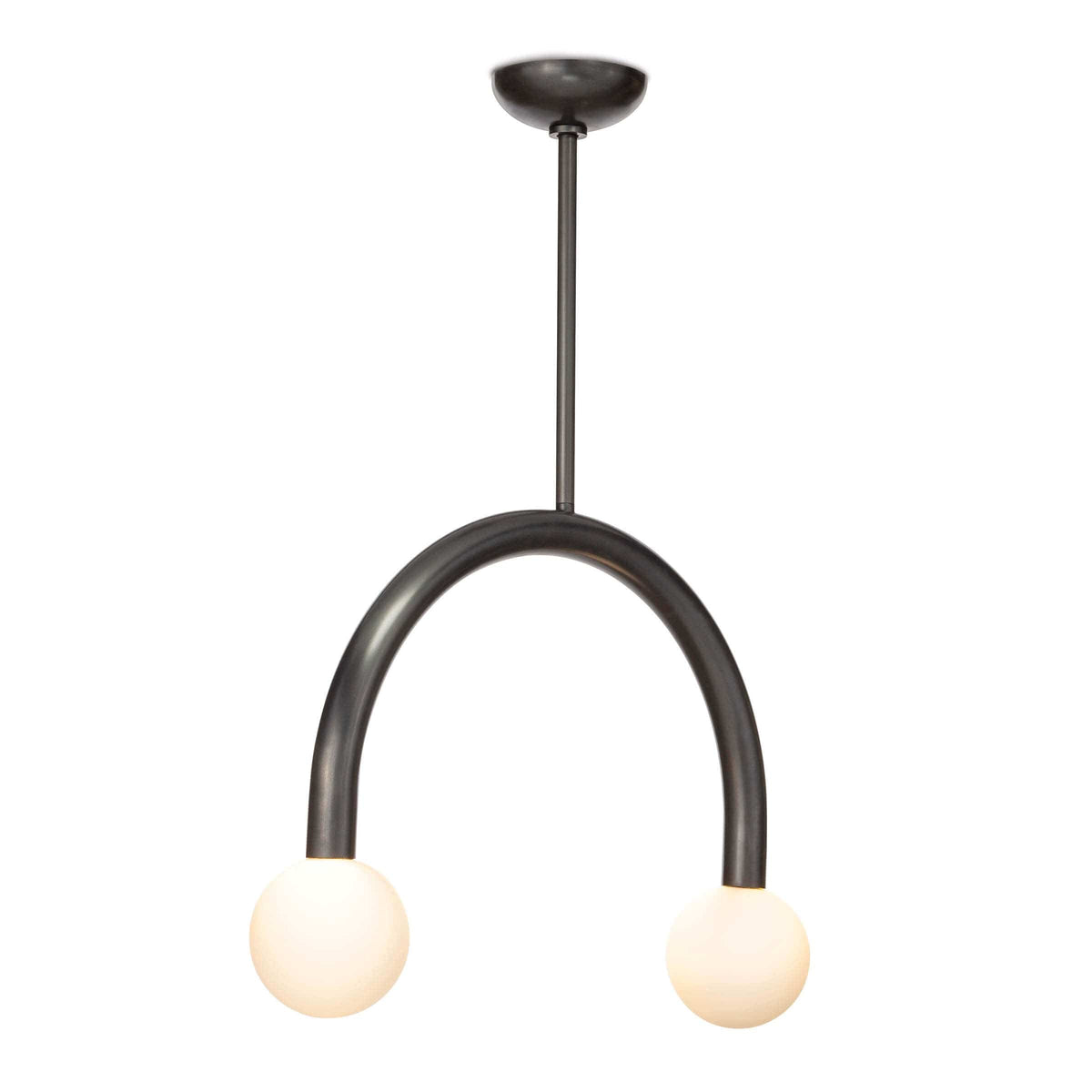 Happy Pendant Small Oil Rubbed Bronze, modern arched metal frame with two matte white glass globes.