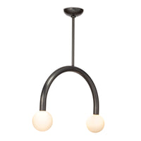 Happy Pendant Small Oil Rubbed Bronze, modern arched metal frame with two matte white glass globes.