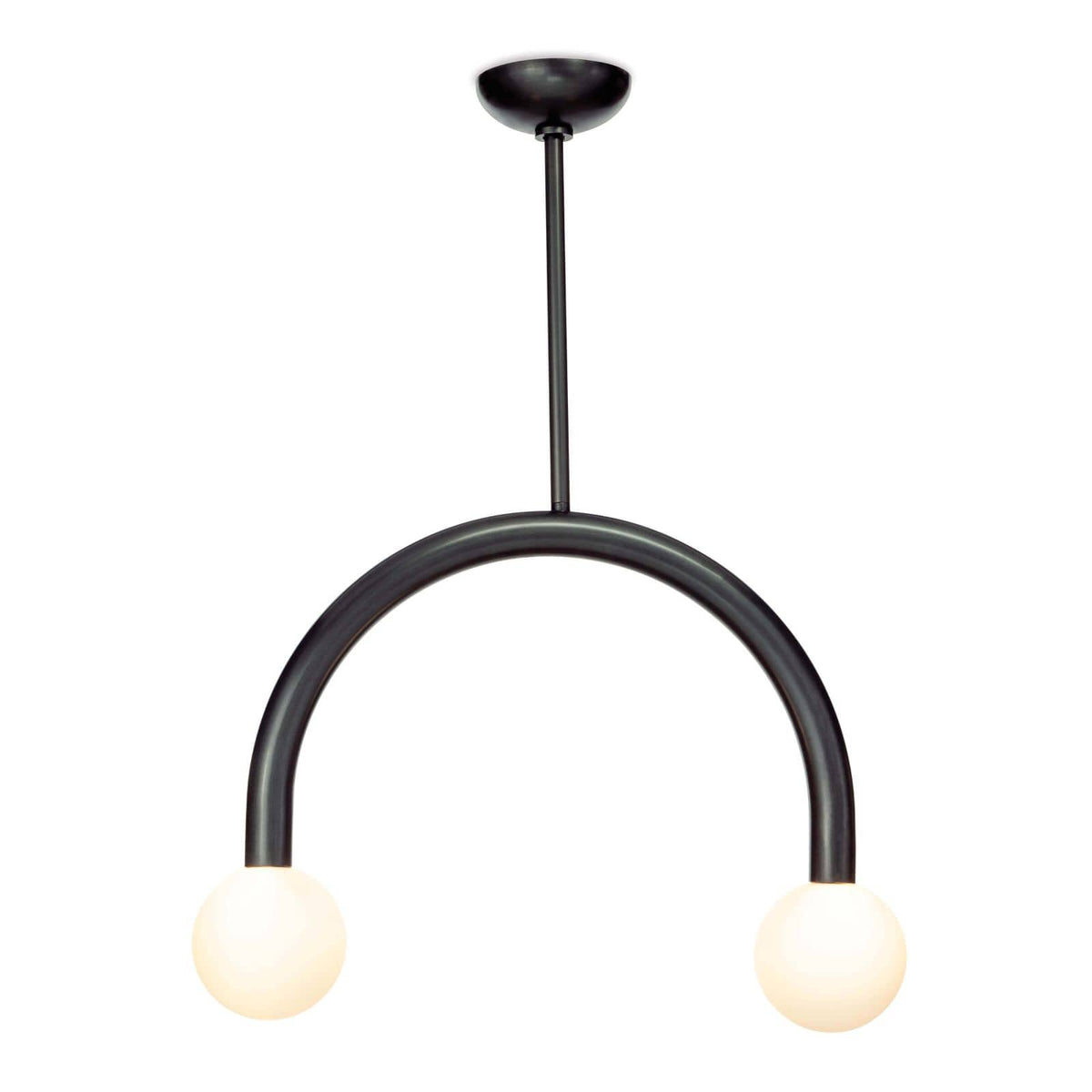 Happy Pendant Small, oil rubbed bronze metal frame with two matte white glass globes.