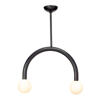Happy Pendant Small, oil rubbed bronze metal frame with two matte white glass globes.