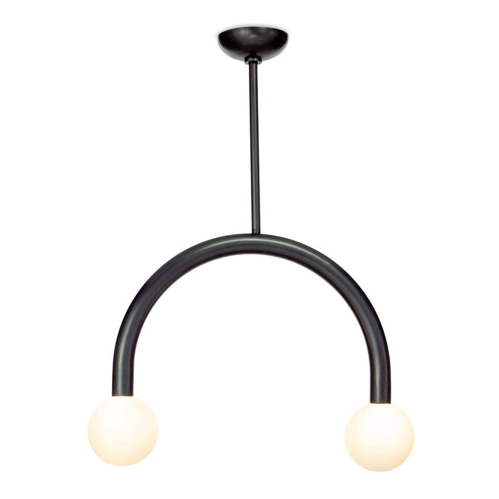 Happy Pendant Small, oil rubbed bronze metal frame with two matte white glass globes.