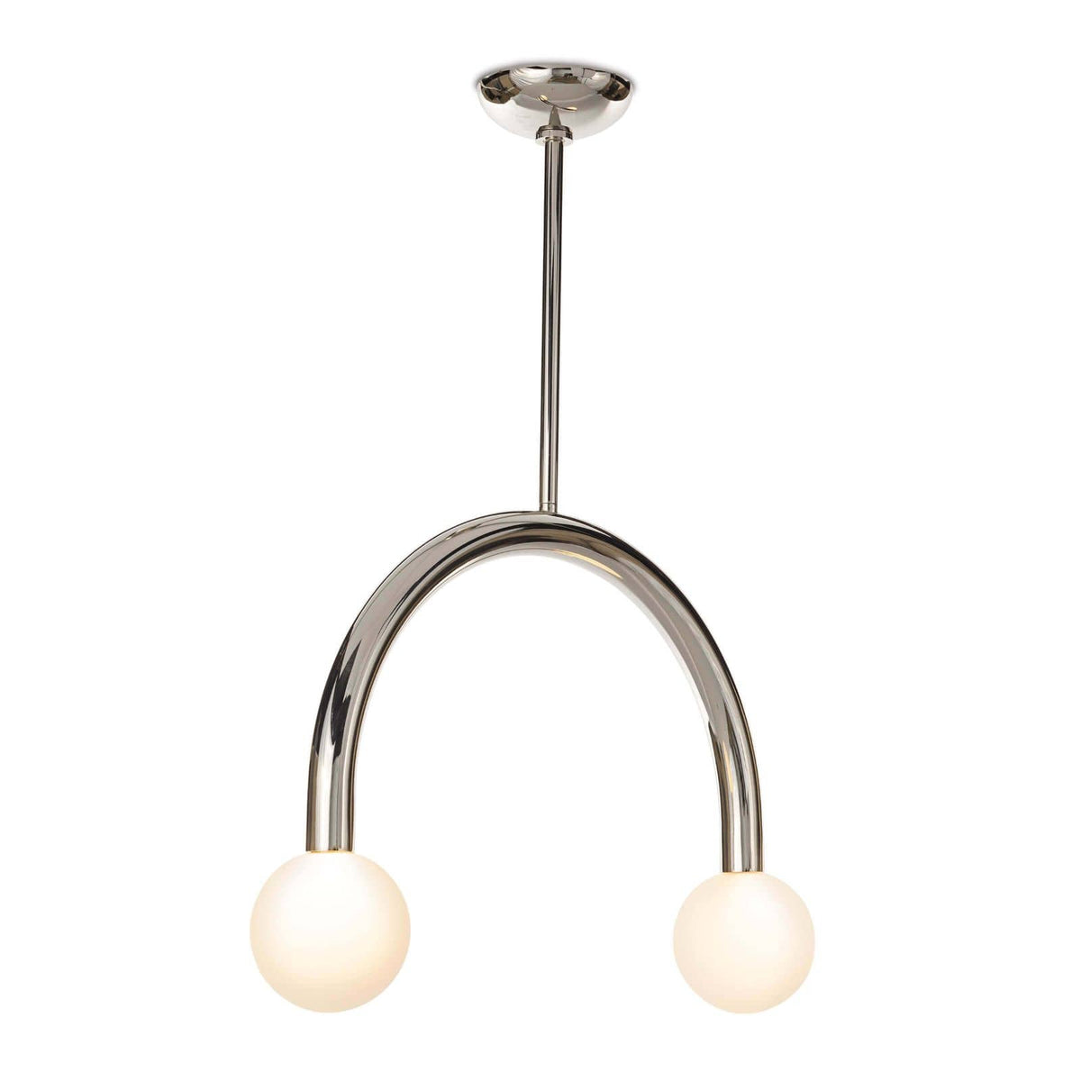 Happy Pendant Small in polished nickel with a curved metal frame and two matte white glass globes.