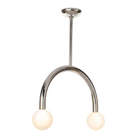 Happy Pendant Small in polished nickel with a curved metal frame and two matte white glass globes.