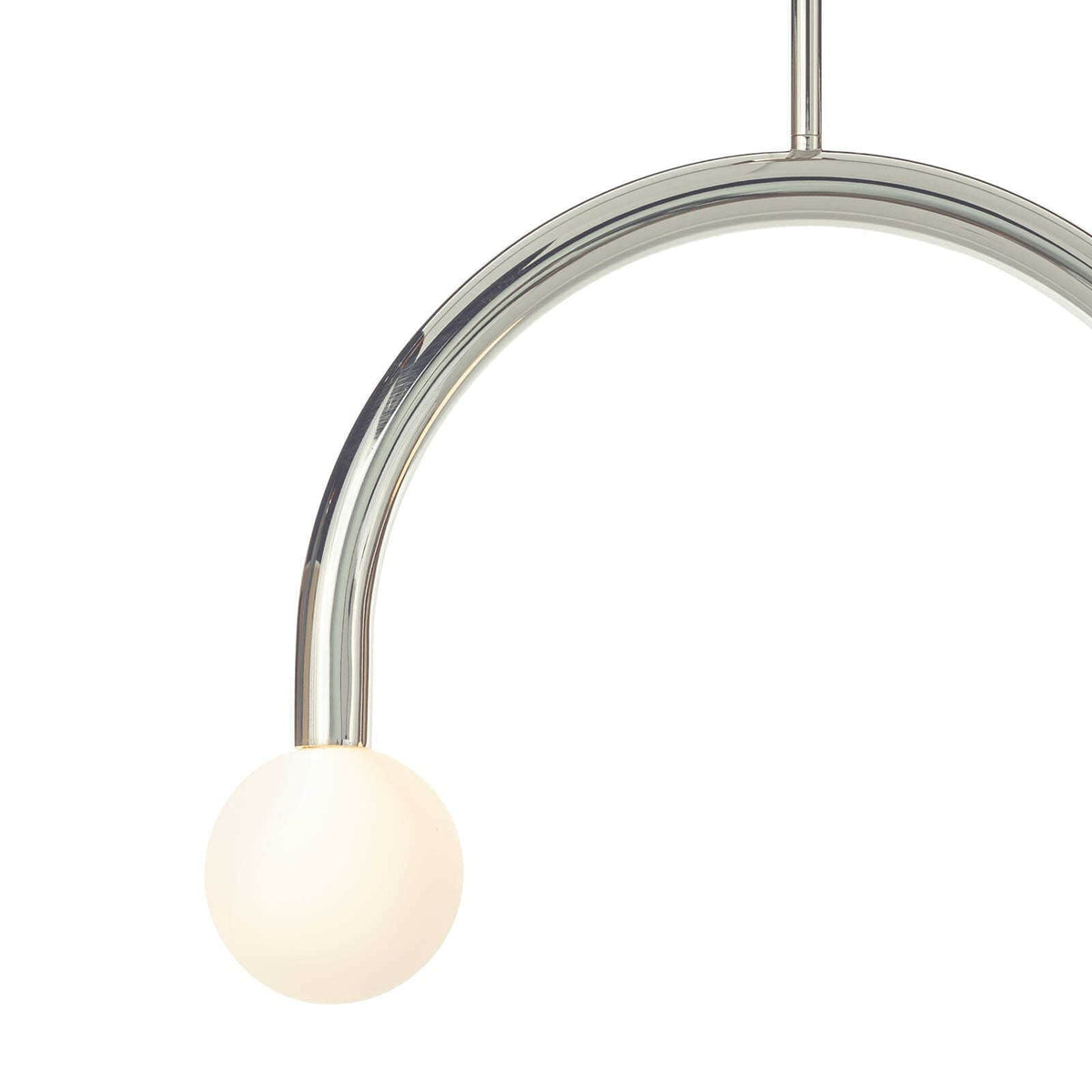 Happy Pendant Small with polished nickel frame and matte white glass globe.