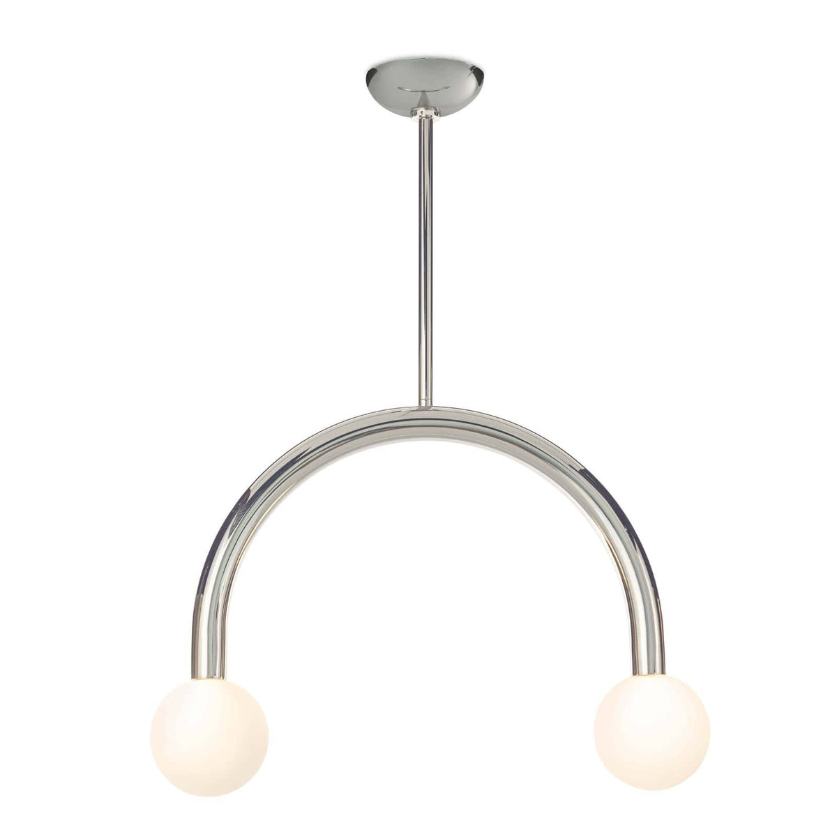 Happy Pendant Small with polished nickel frame and two matte white glass globes.