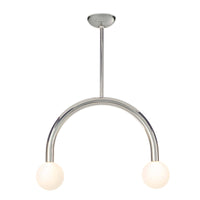Happy Pendant Small with polished nickel frame and two matte white glass globes.