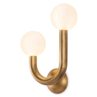 Happy Sconce Left Side in natural brass with two matte white glass globes.