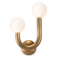 Happy Sconce Left Side in natural brass with two matte white glass globes, modern asymmetrical design.