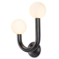 Happy Sconce Left Side with oil rubbed bronze frame and two matte white glass globes.