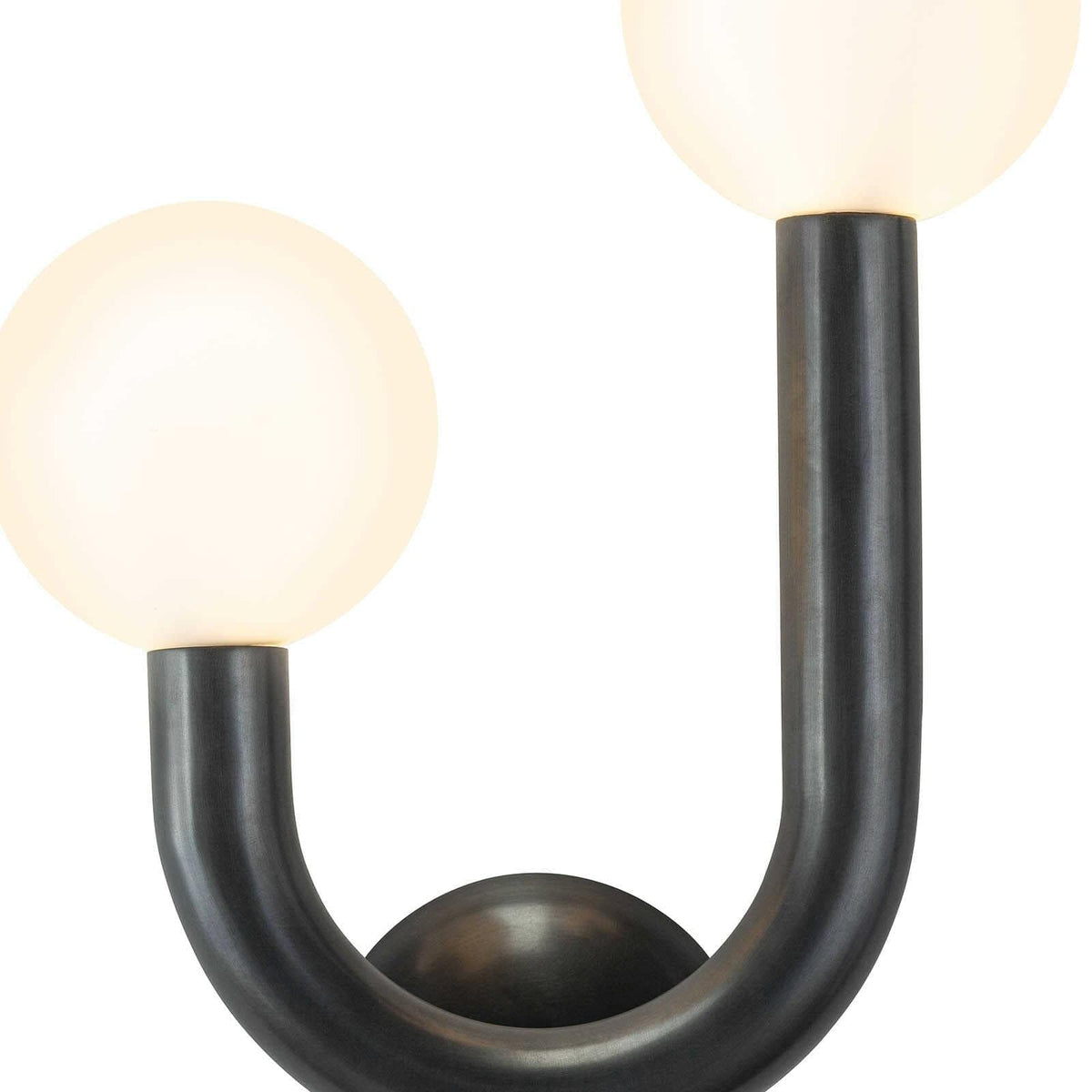 Happy Sconce Left Side, oil rubbed bronze metal frame with two matte white glass globes.