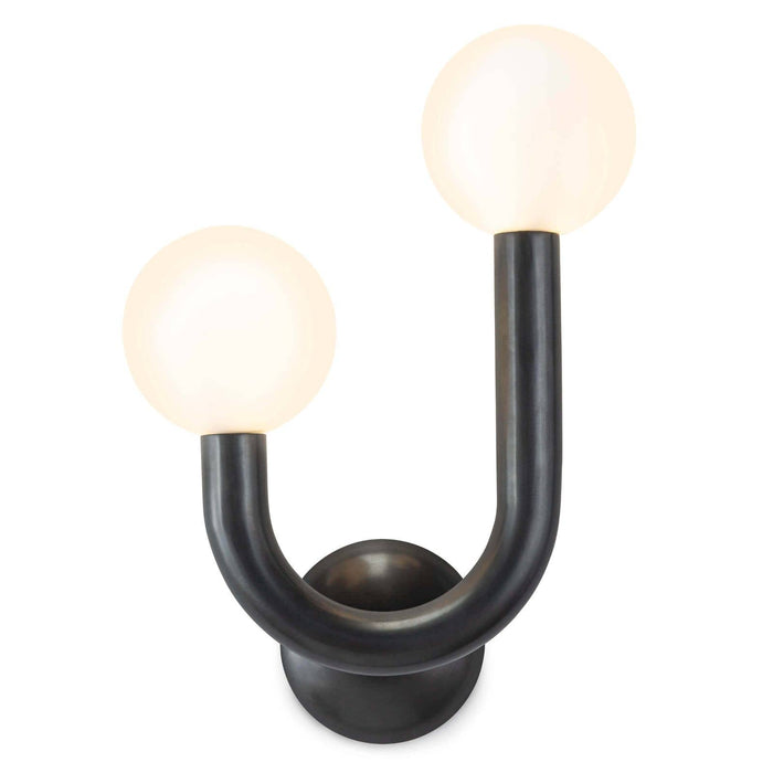Happy Sconce Left Side: Oil rubbed bronze metal frame with two matte white glass globes.