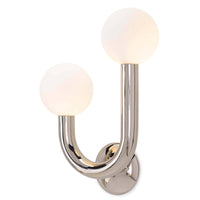 Happy Sconce Left Side with polished nickel frame and two matte white glass globes.
