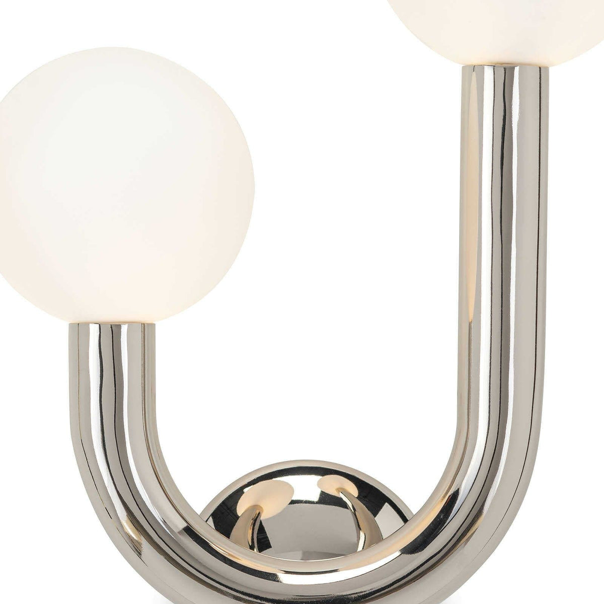 Happy Sconce Left Side with polished nickel frame and two matte white glass globes.