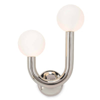Happy Sconce Left Side with polished nickel frame and two matte white glass globes.