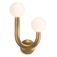 Happy Sconce Right Side: natural brass metal frame with two contrasting matte white glass globes.