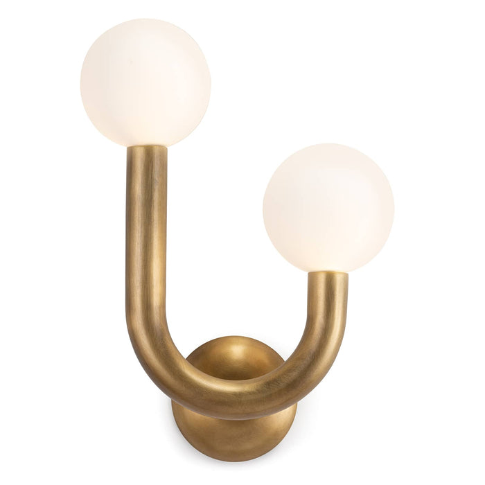 Happy Sconce Right Side: natural brass metal frame with two contrasting matte white glass globes.