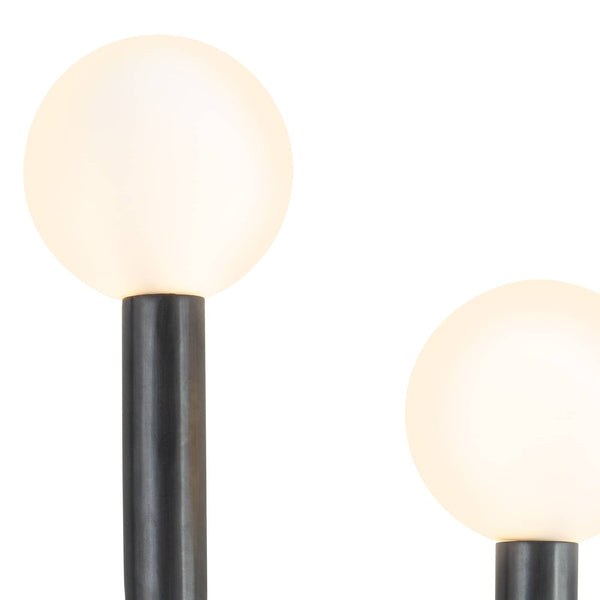 Happy Sconce Right Side in oil rubbed bronze with two matte white glass globes.