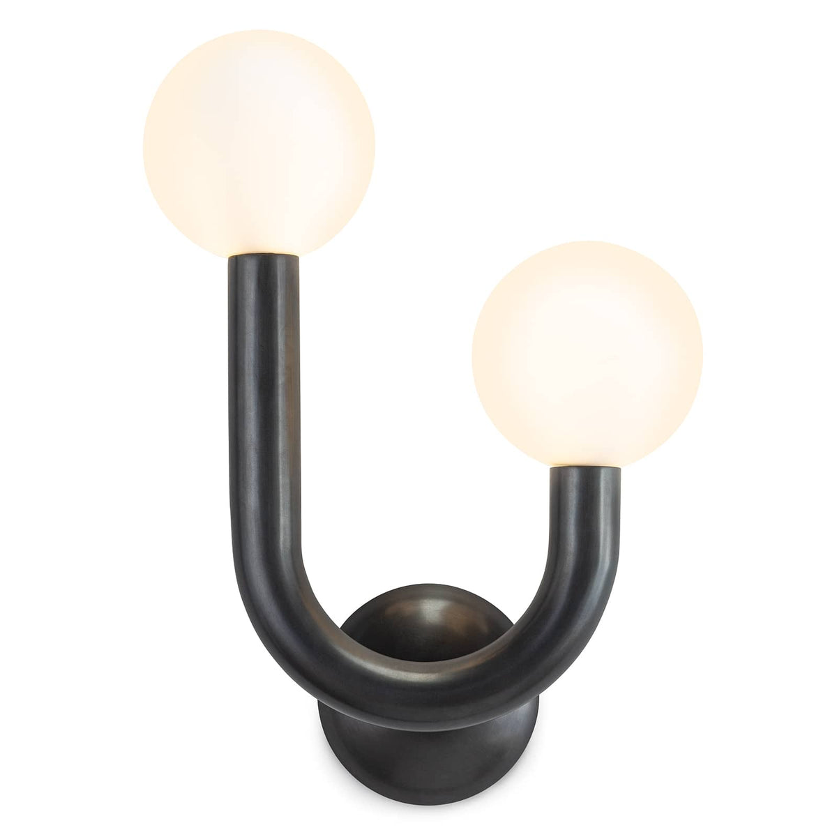 Happy Sconce Right Side in oil rubbed bronze with two matte white glass globes.