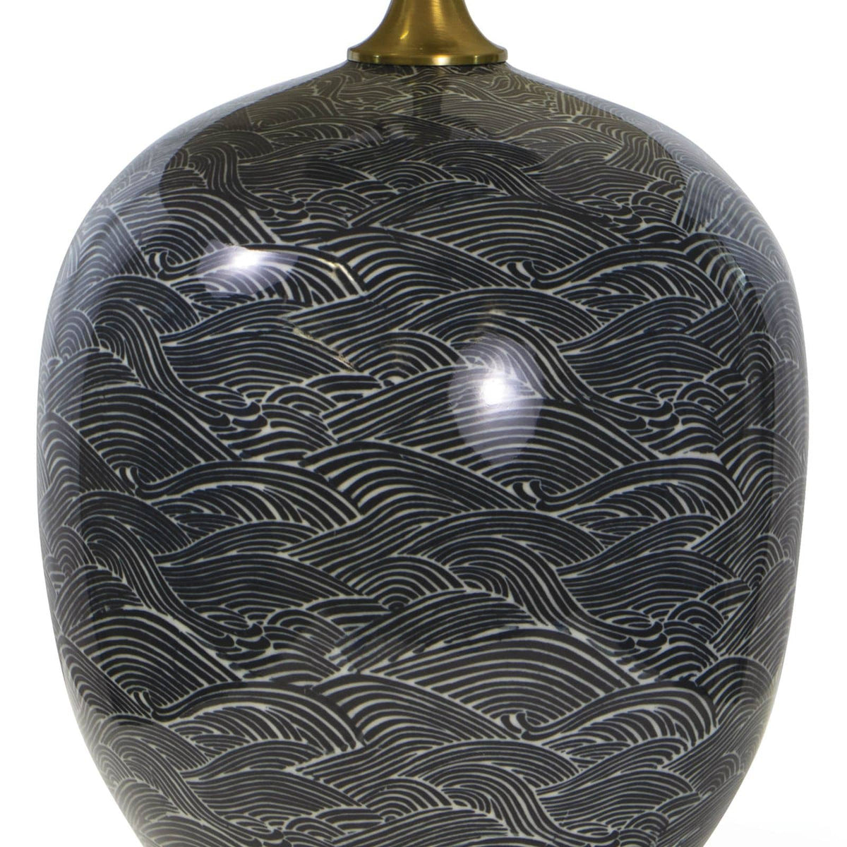 Harbor Black Ceramic Table Lamp with Japanese wave pattern, natural linen shade, and brass hardware.