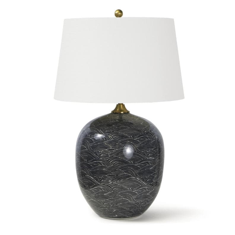 Harbor Black Ceramic Table Lamp with Japanese-inspired wave pattern, natural linen shade, and brass hardware.