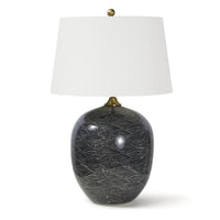 Harbor Black Ceramic Table Lamp with Japanese-inspired wave pattern, natural linen shade, and brass hardware.