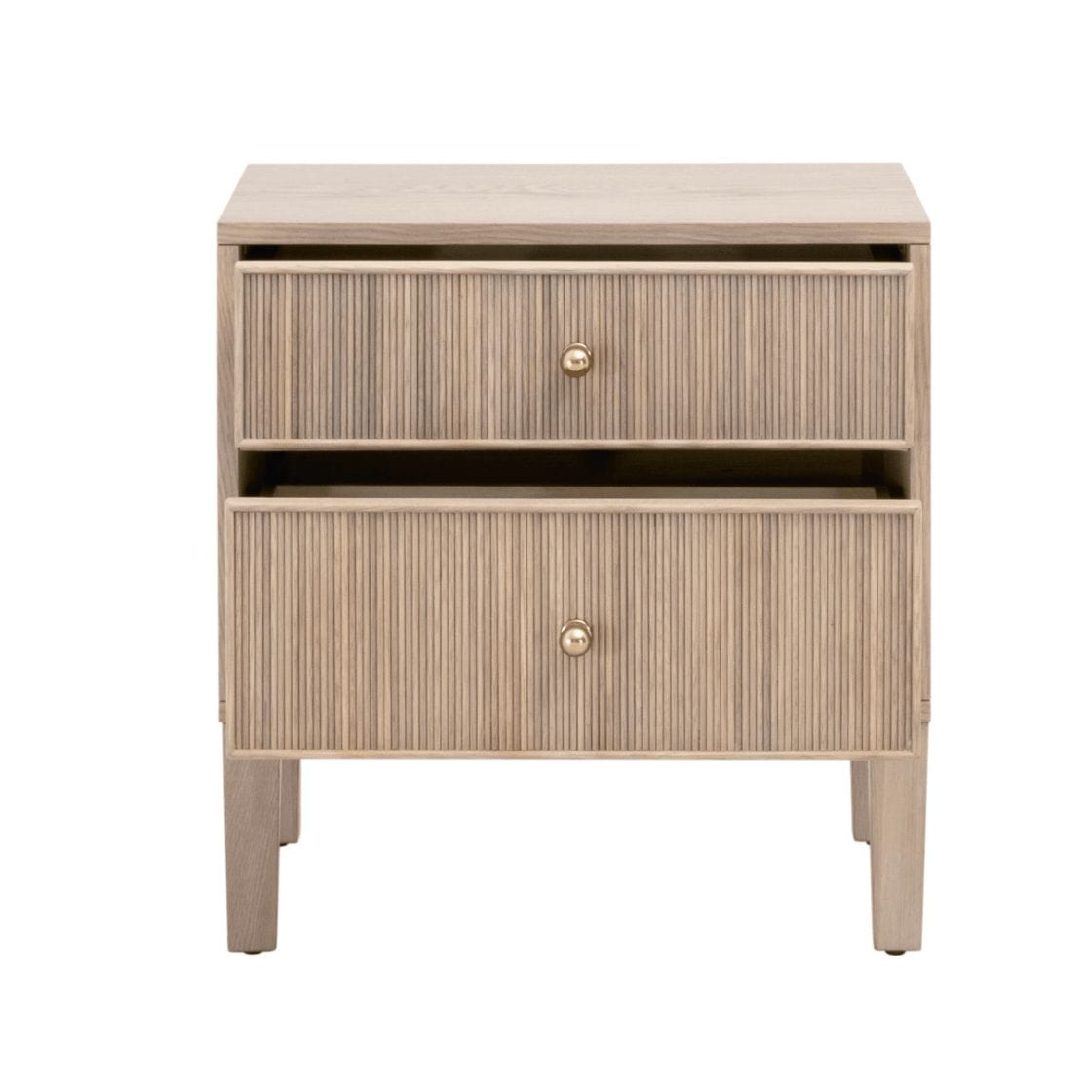 Hargrove Natural Oak 2-drawer nightstand with ribbed drawer fronts and gold knobs.