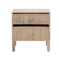 Hargrove Natural Oak 2-drawer nightstand with ribbed drawer fronts and gold knobs.
