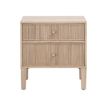 Hargrove Natural Oak 2-Drawer Nightstand with reeded drawer fronts and gold knobs.