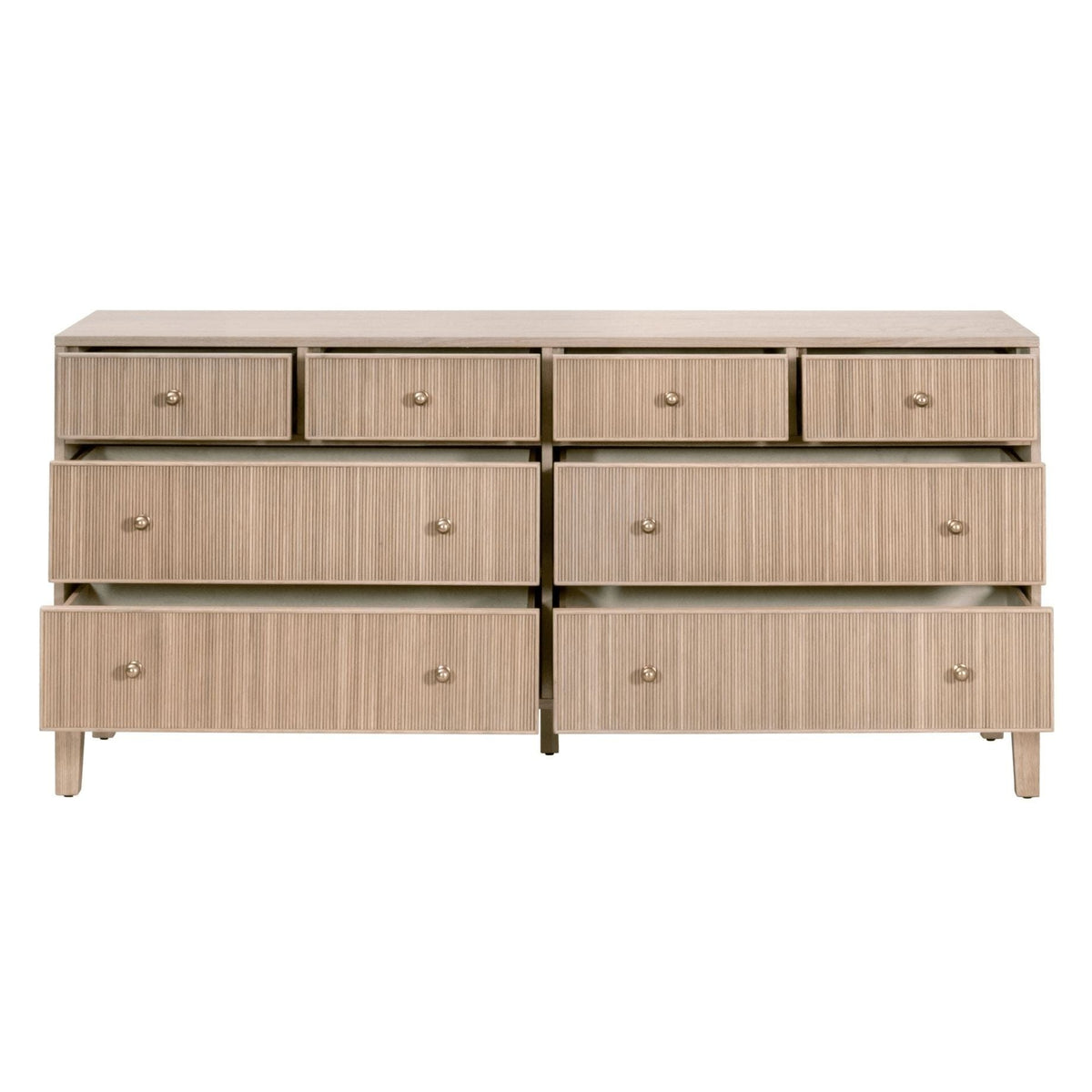 Hargrove Natural Oak 8-drawer dresser with ribbed drawer fronts and gold knobs.