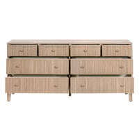 Hargrove Natural Oak 8-drawer dresser with ribbed drawer fronts and gold knobs.