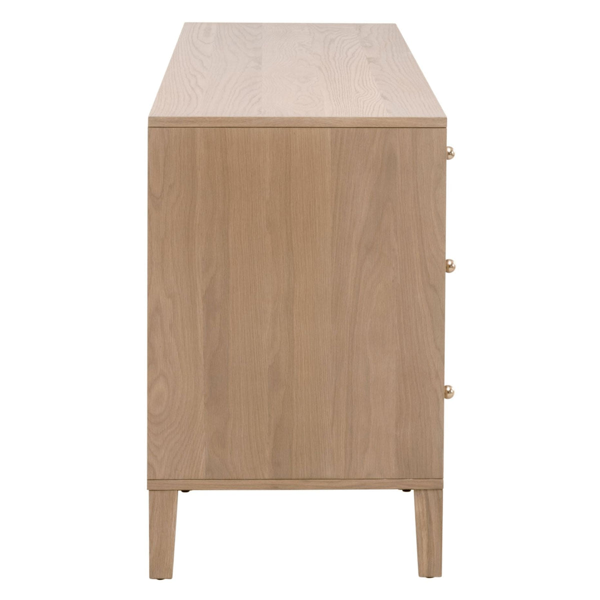 Hargrove Natural Oak 8-Drawer Dresser, solid oak wood with a natural finish and gold knobs, side view.