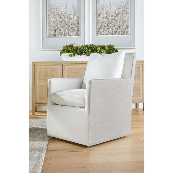 Harmony French Linen Armchair with two-tone fabric, reversible cushion, and casters.