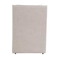 Back view of Harmony French Linen Armchair, light beige fabric with small dark casters.