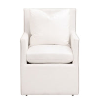 Harmony French Linen Armchair: White two-tone fabric armchair with reversible cushion and casters.