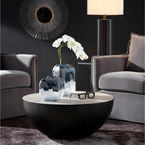 Harmony Graphite Round Coffee Table with natural wood top and black iron base.