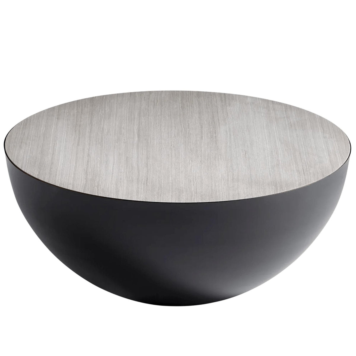 Harmony Graphite Round Coffee Table with natural wood top and black semi-circle iron base.
