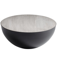 Harmony Graphite Round Coffee Table with natural wood top and black semi-circle iron base.