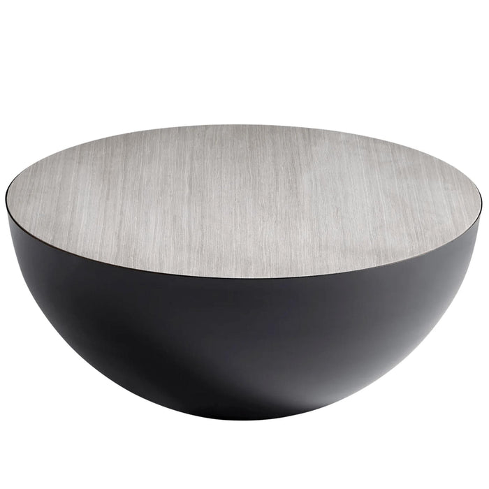 Harmony Graphite Round Coffee Table with natural wood top and black semi-circle iron base.