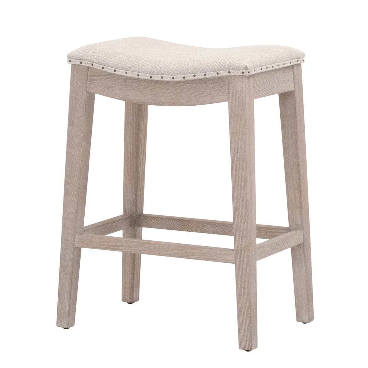 Harper Bisque French Linen Counter Stool with light ash wood legs and saddle seat with nailhead trim.